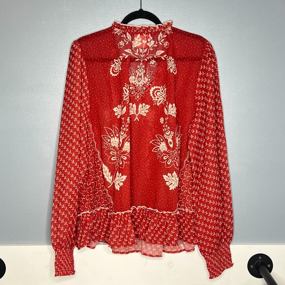 Bohera Floral Peasant Blouse Sheer Long Sleeve Ruffle Hem Tassel Tie Top XL - Picture 6 of 10